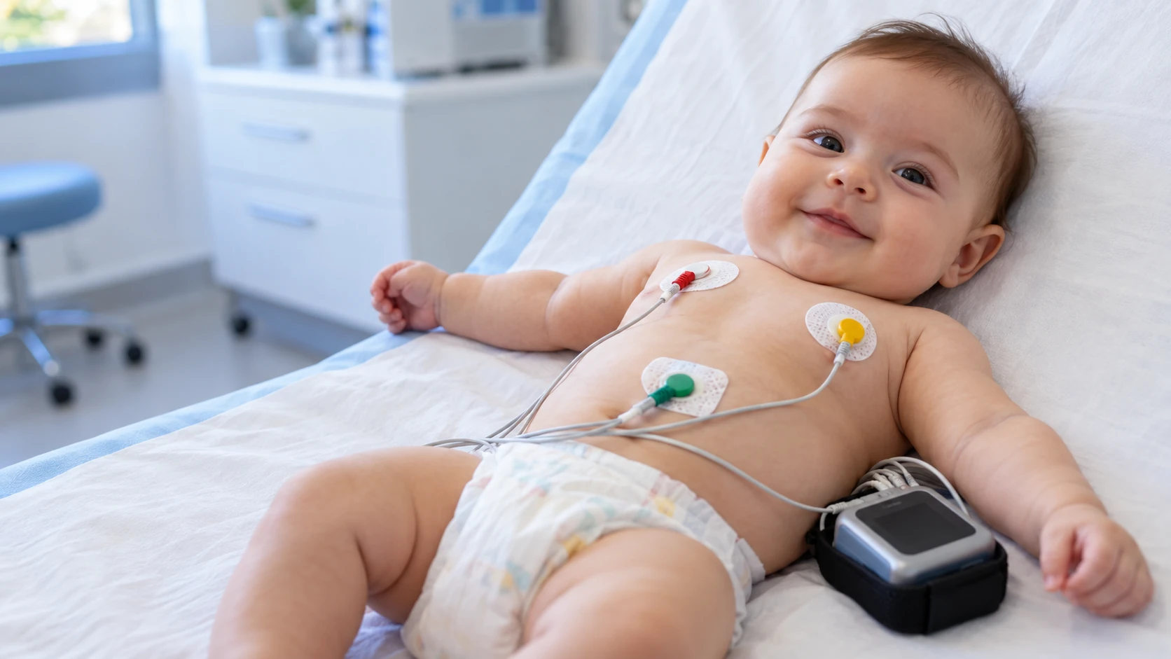 Bebé realizando un Estudio Holter Cardíaco de 24 horas y 3 canales con electrodos autoadhesivos colocados en el tórax