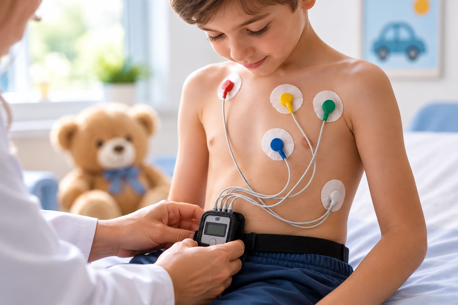 Estudio Holter Cardíaco pediátrico de 24 horas con electrodos autoadhesivos y dispositivo portátil de registro cardíaco